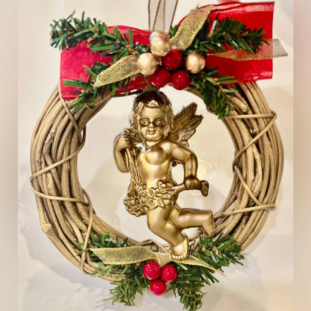 Handmade Gold Angel Holiday Wreath Adorned with Ribbons, Pine Leaves, & Berries